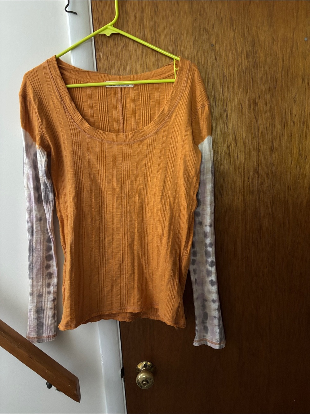 We The Free Orange Scoop Neck Long Sleeve Top with Tie-Dye Sleeves